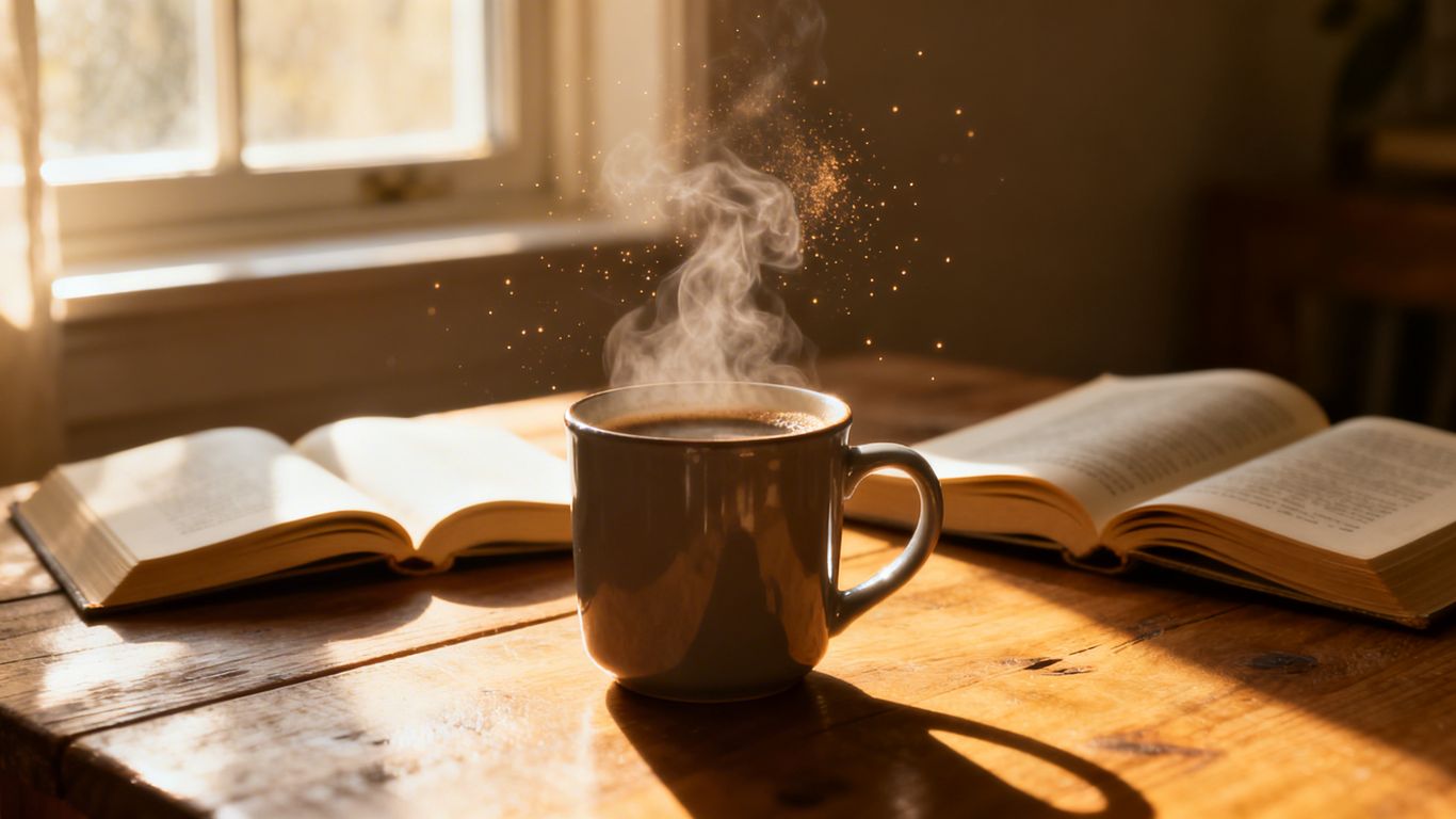 Steaming coffee mug with books in morning light.
