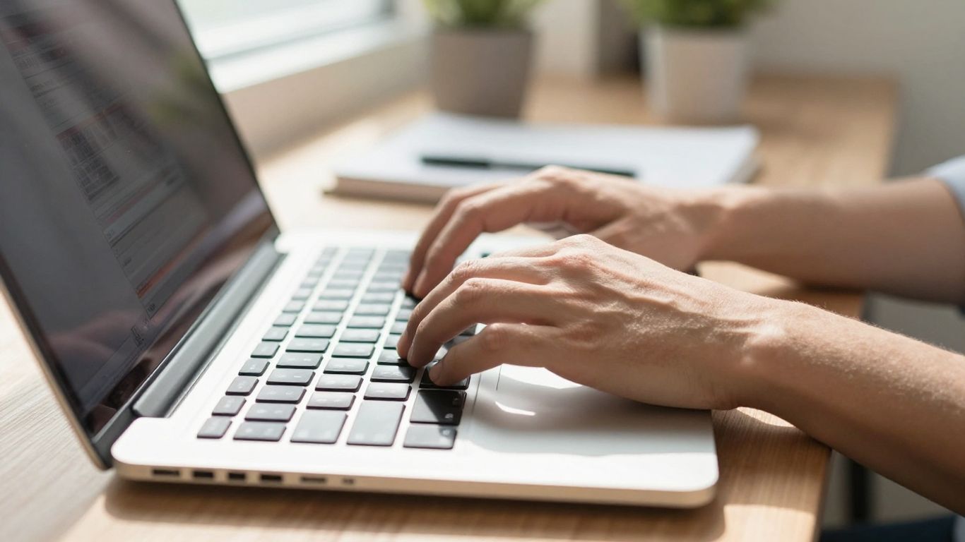 Hands typing on a laptop keyboard for blog content.