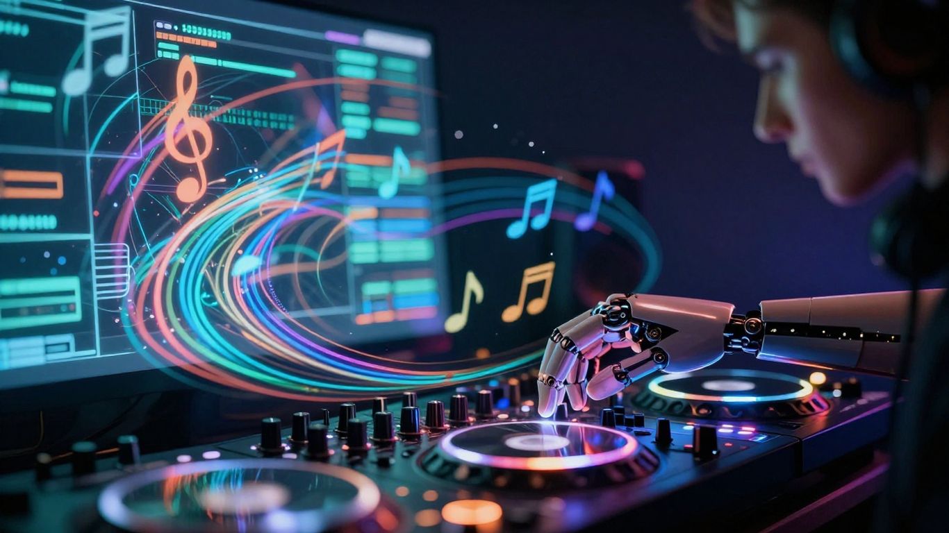 AI music creation in a futuristic studio.