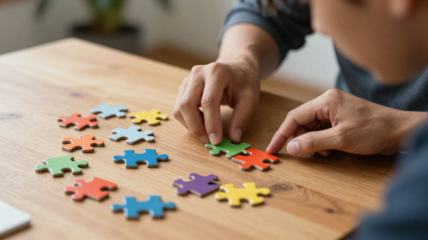 Person solving colorful puzzle pieces on a table