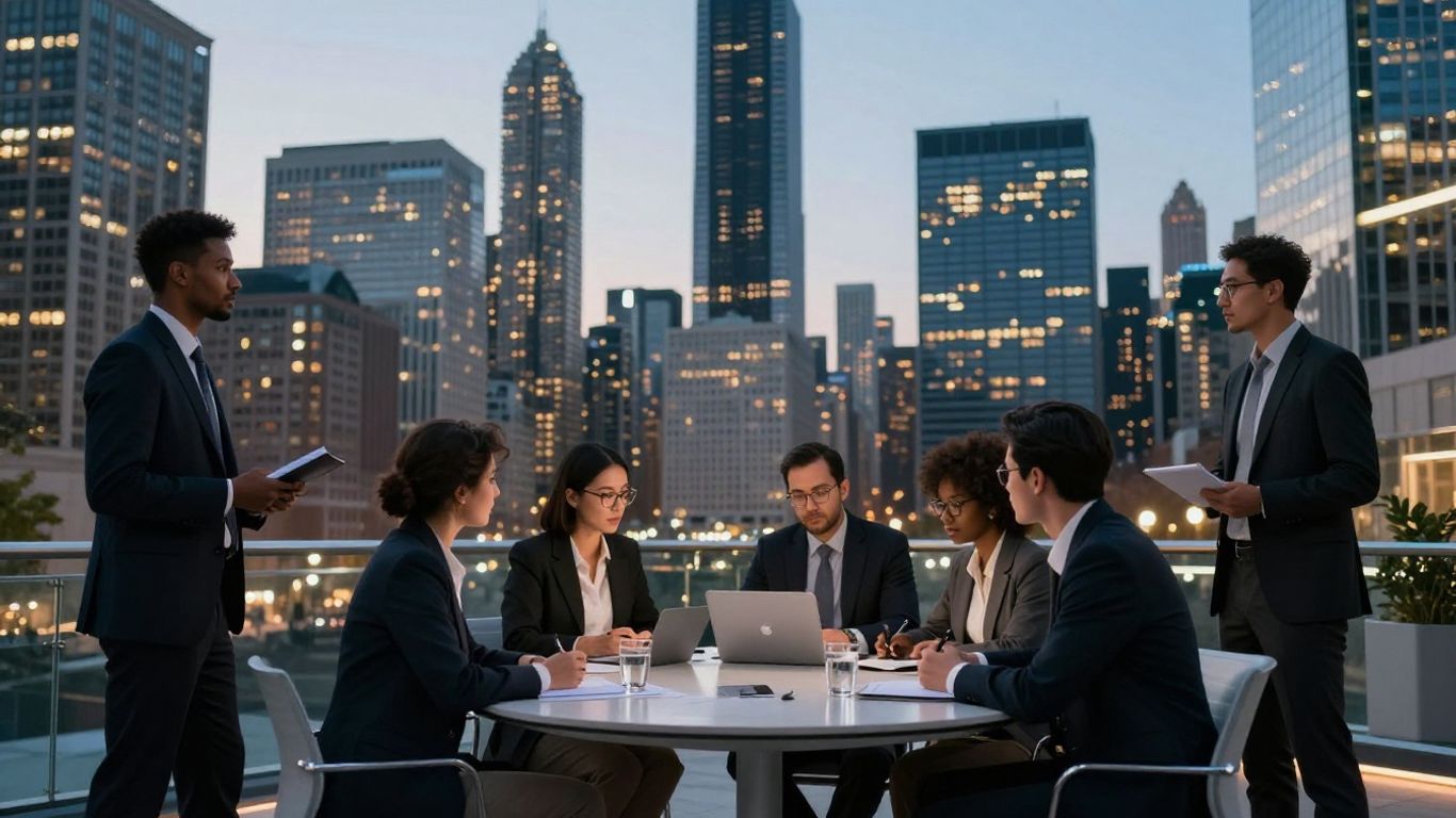 Chicago skyline and professionals collaborating in a modern office.