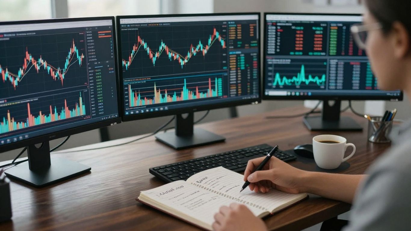 Currencies, trading screens, and focused workspace
