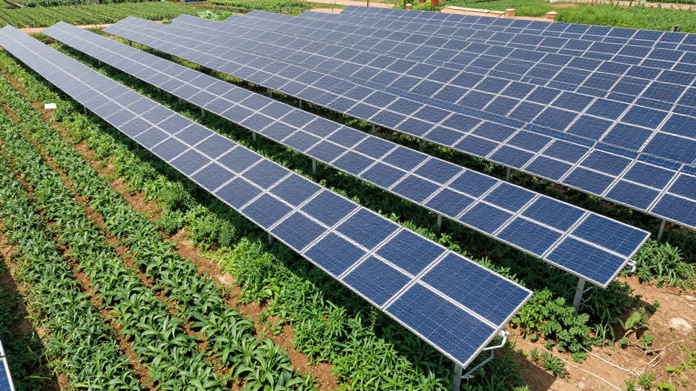 Panneaux solaires sur un champ agricole verdoyant.