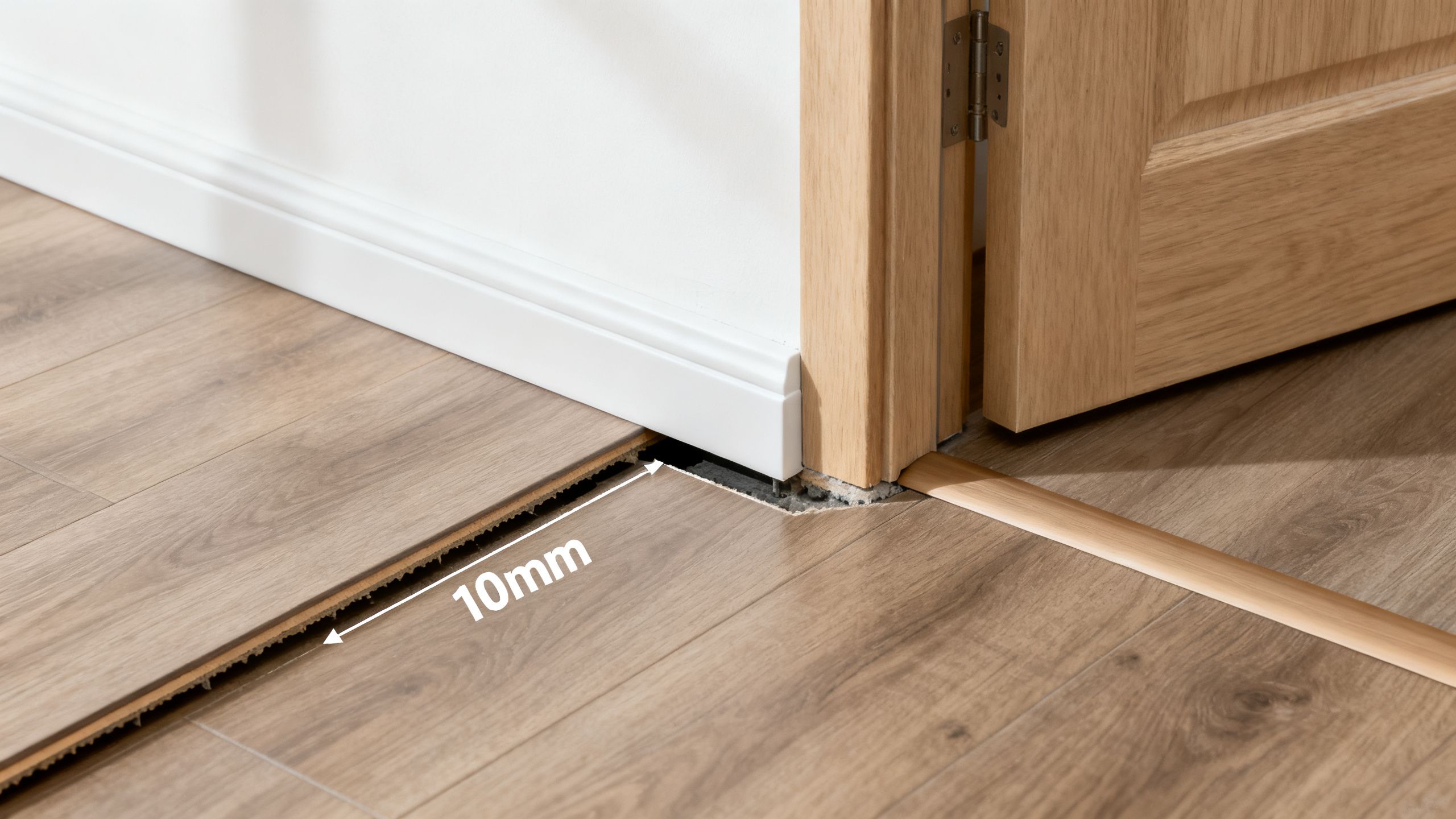 Laminate floor with correctly concealed expansion gap beneath skirting and around a door frame