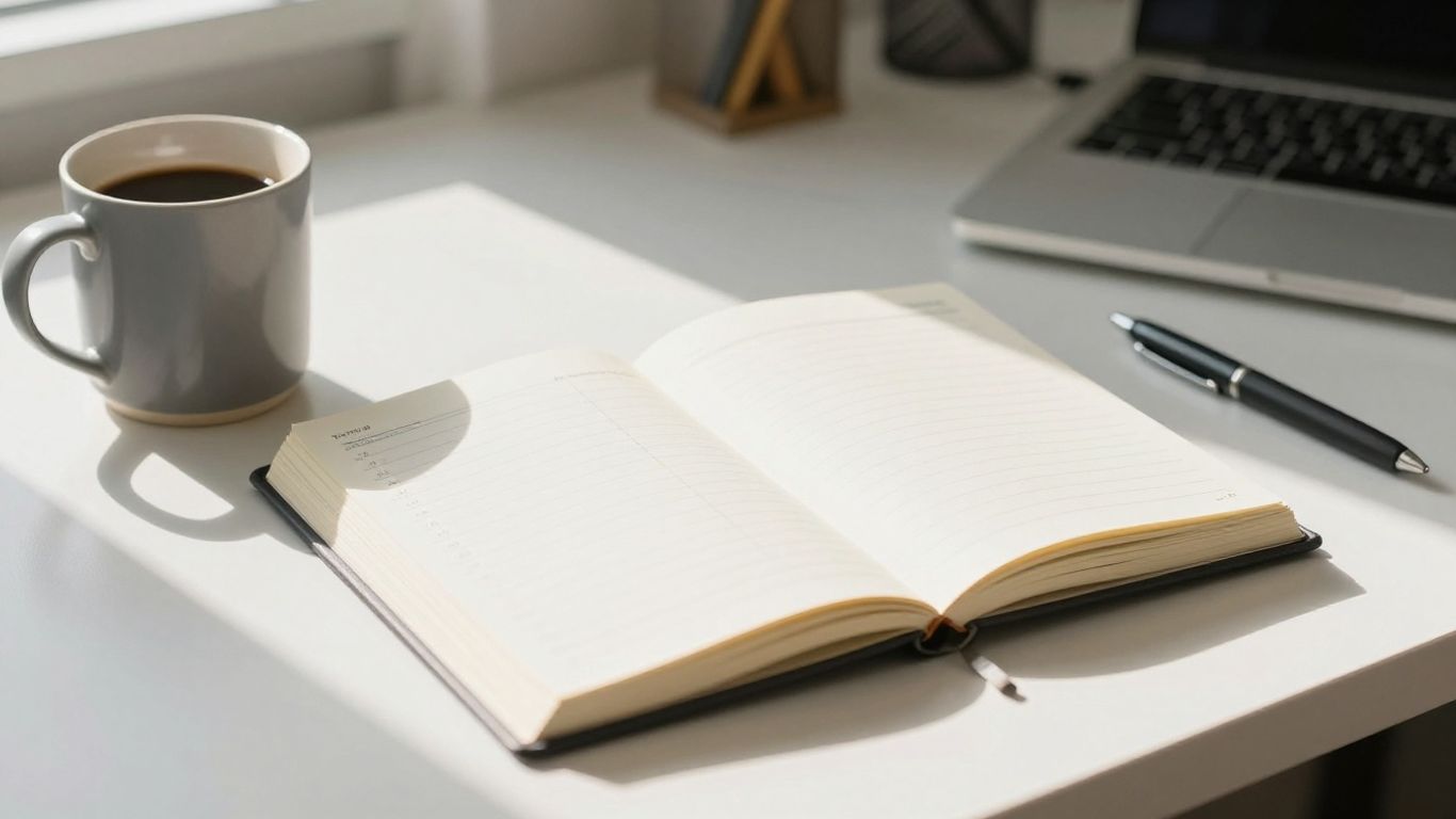 Desk with planner, coffee, and notebook for focus blocks.