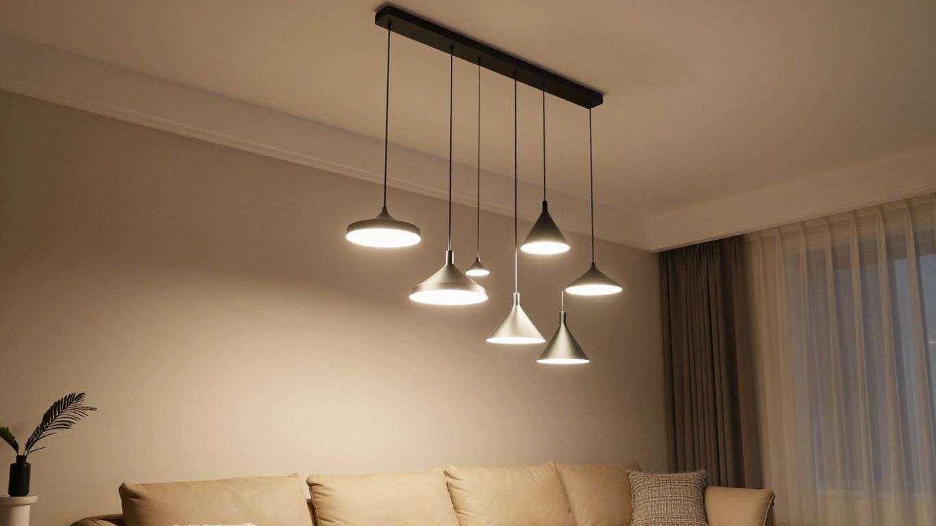 Stylish black pendant lights illuminating a modern living room.