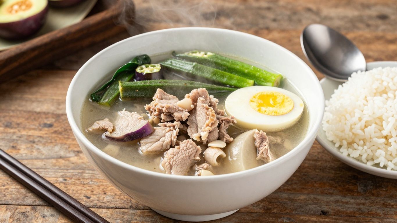 Photographic bowl of sinigang soup with vegetables