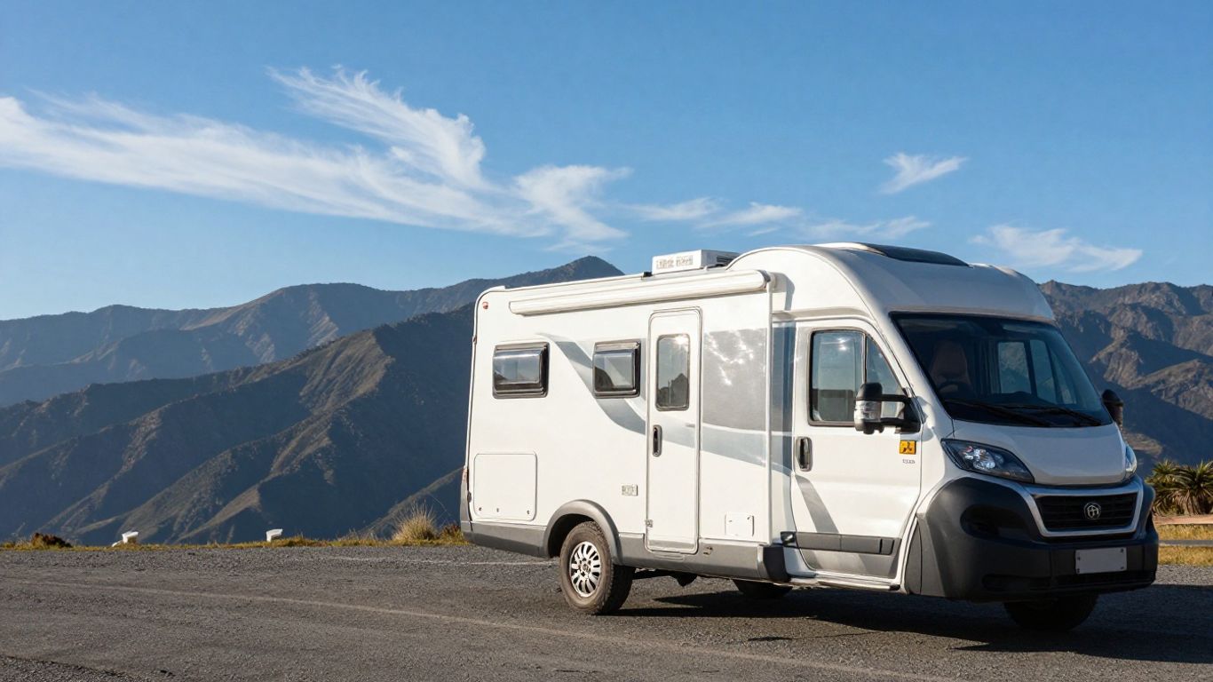 RV parked on scenic roadside with mountains.