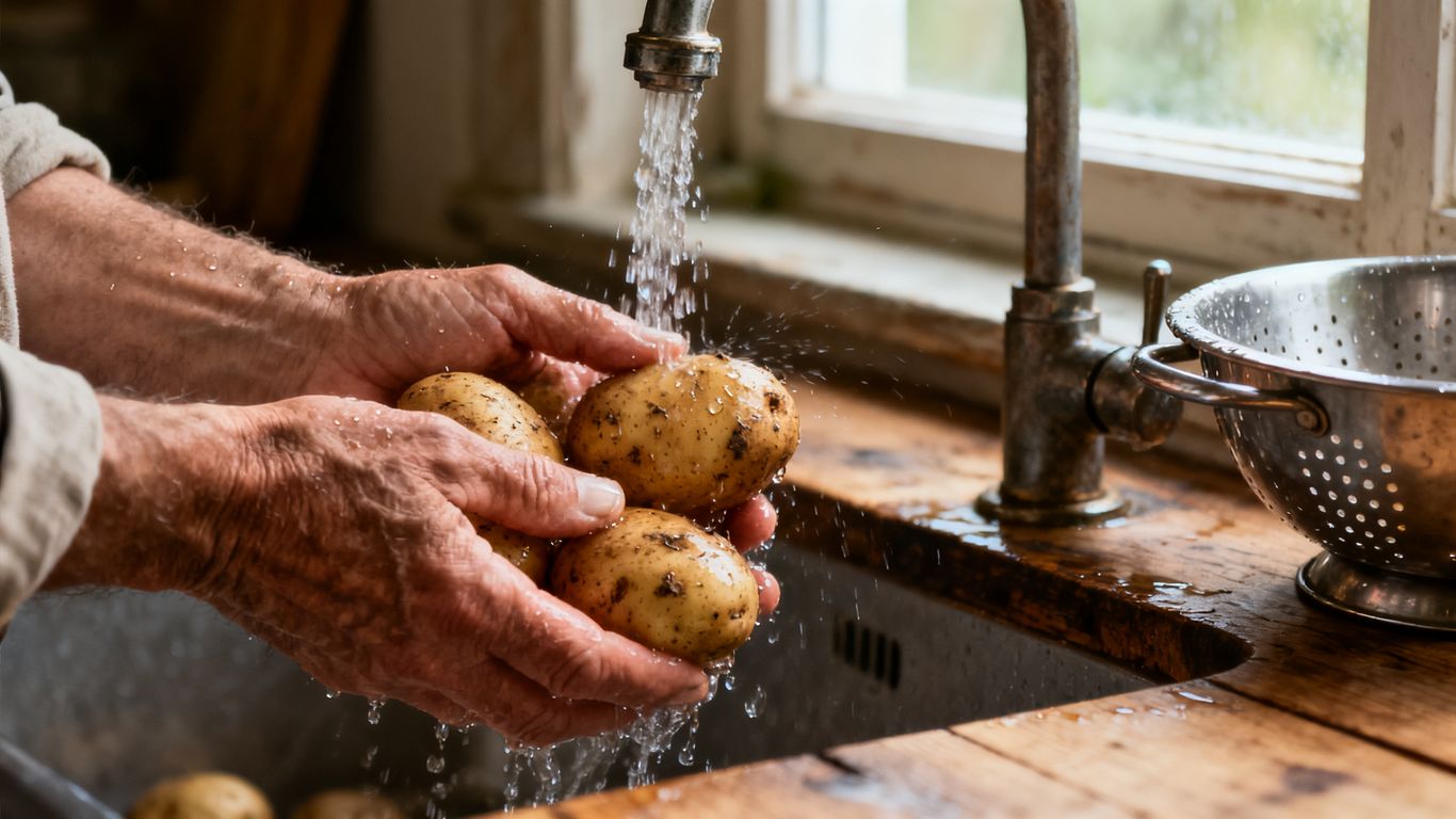 Verse aardappelen worden afgespoeld in de keuken