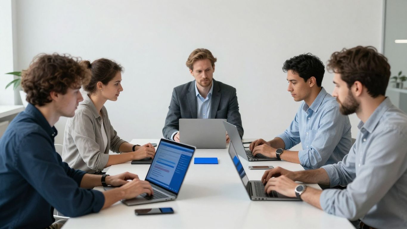 Menschen arbeiten mit digitalen Werkzeugen im Büro.