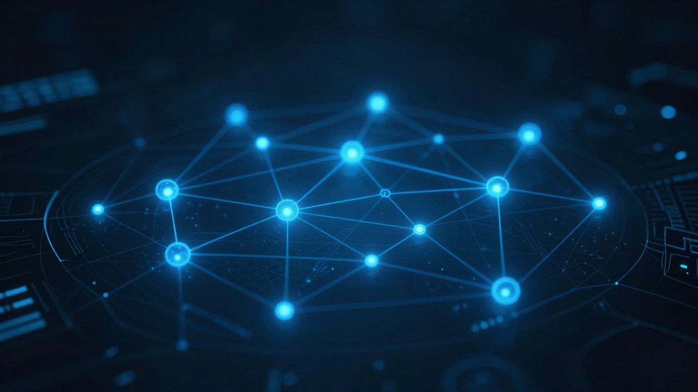 Digitale Blockchain mit leuchtenden Knotenpunkten und Datenfluss.