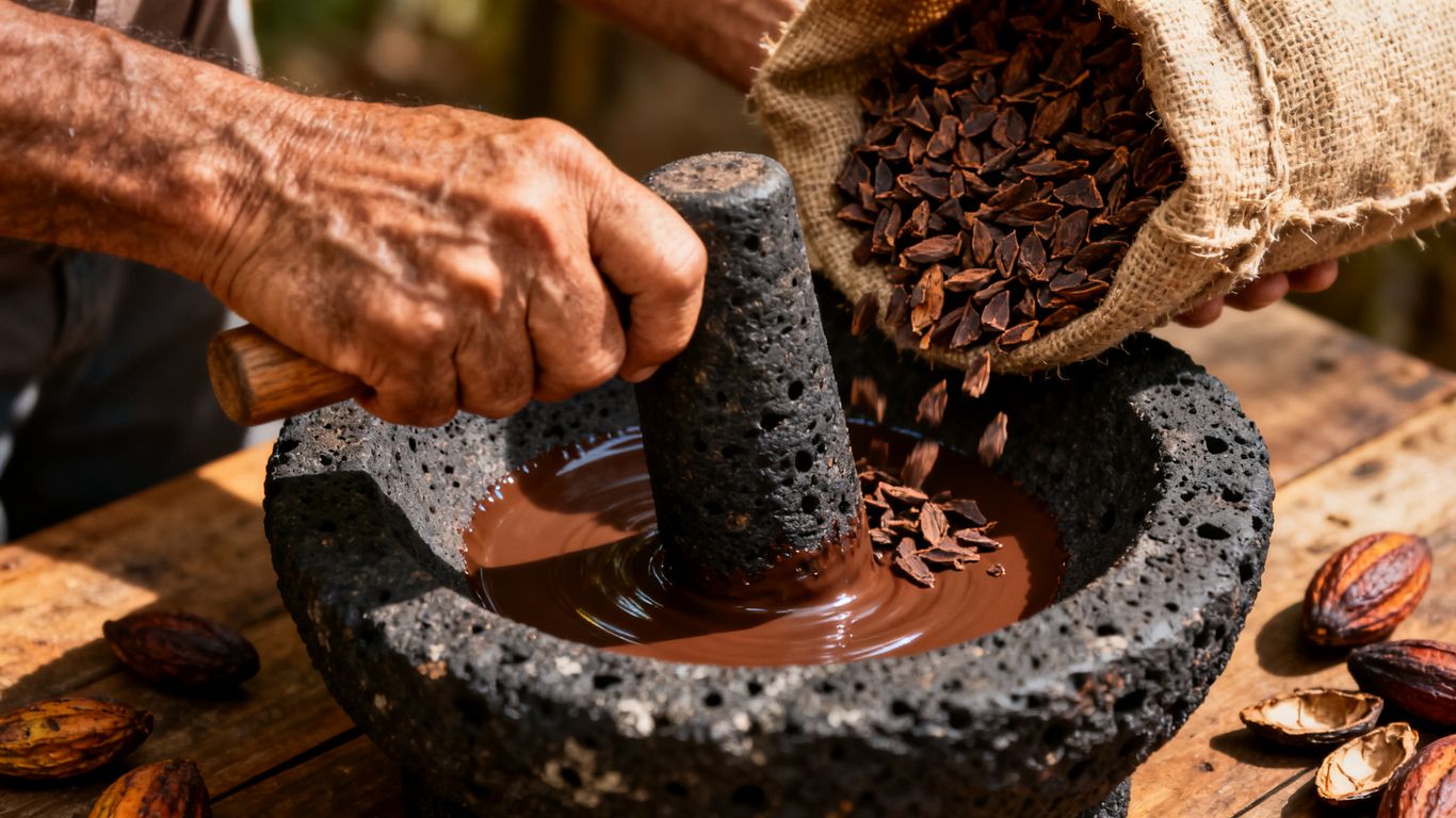 small group grinding cacao on a stone mill