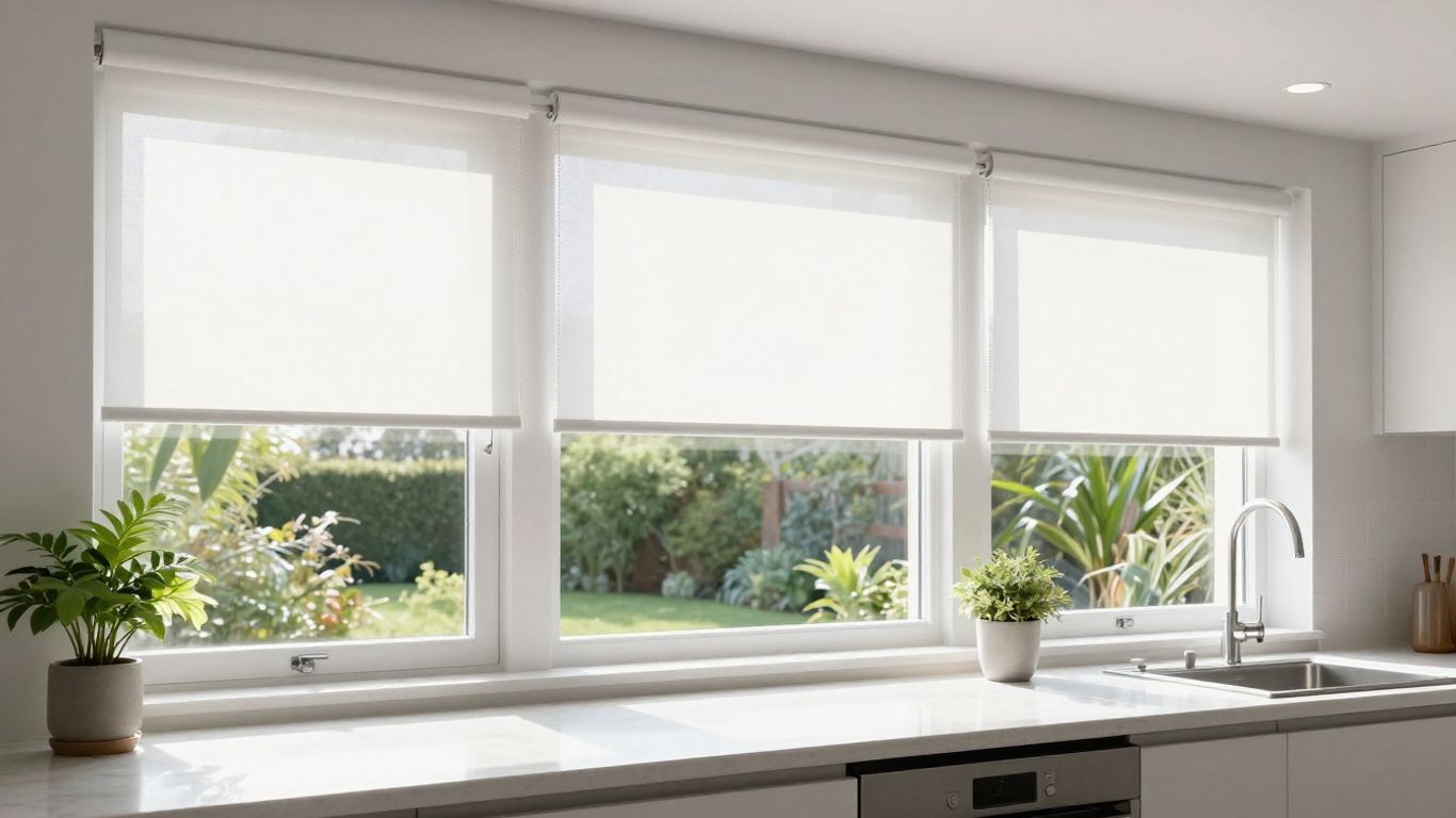 Modern kitchen window with white roller blinds.