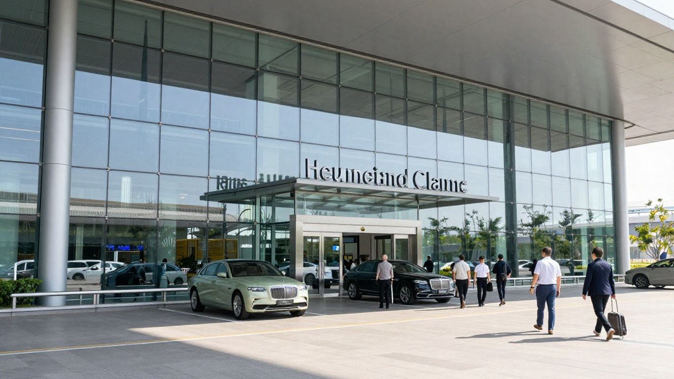 The modern Palm Beach airport terminal with passenger arrivals and ground transit infrastructure shown clearly.