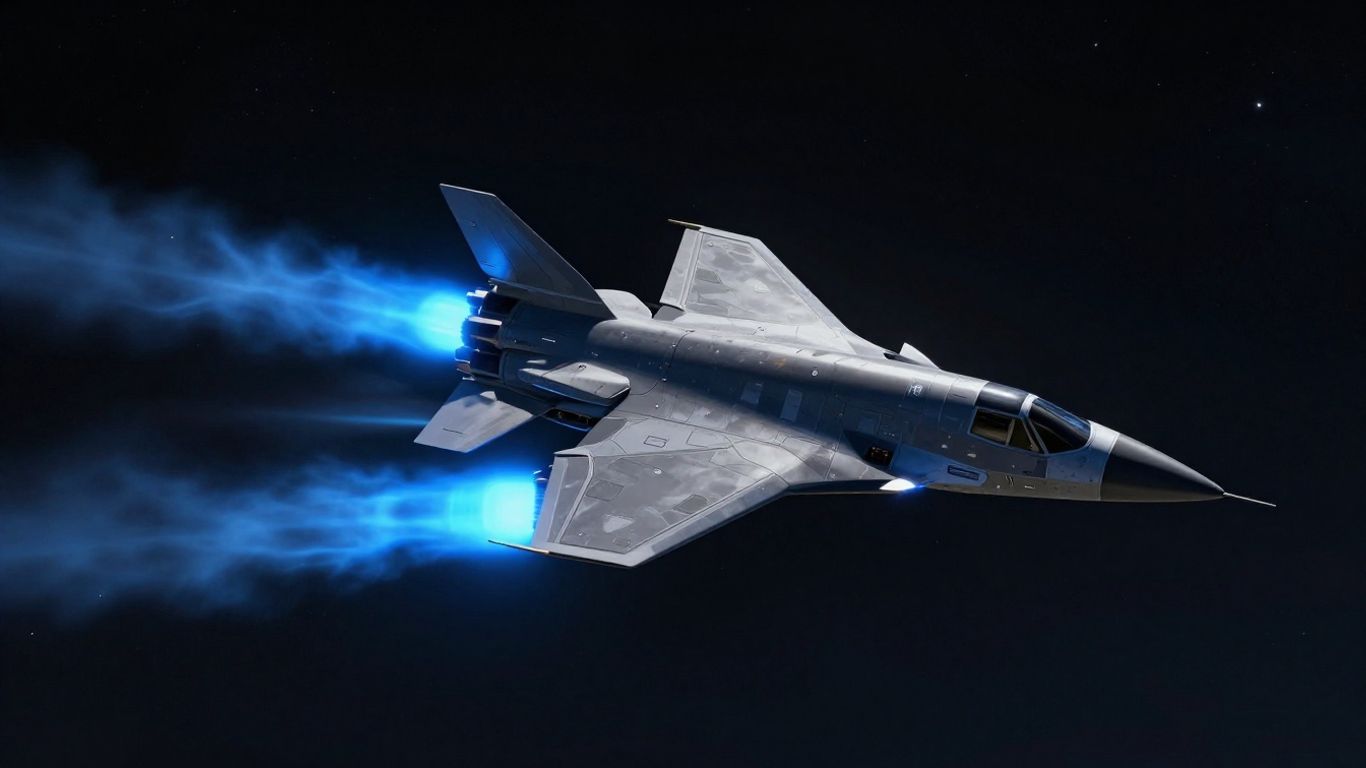 Futuristic hypersonic missile in flight against a starry sky.