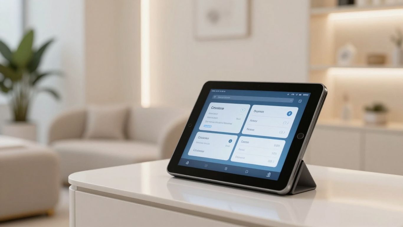 Medspa interior with tablet showing CRM software interface.
