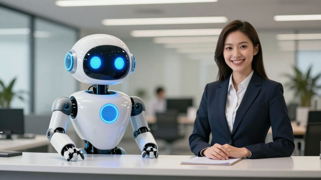 AI robot and human receptionist side-by-side.