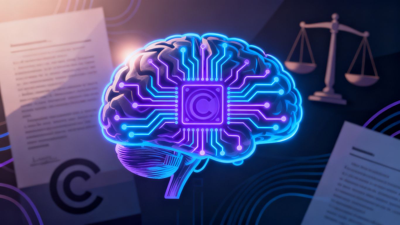 Abstract AI brain with legal scales in background.
