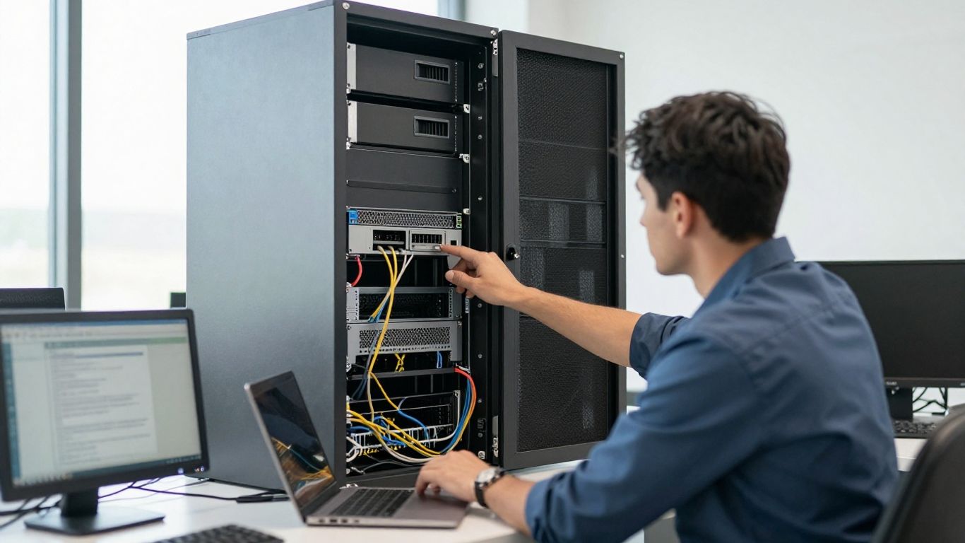 Technician reviewing small business network equipment