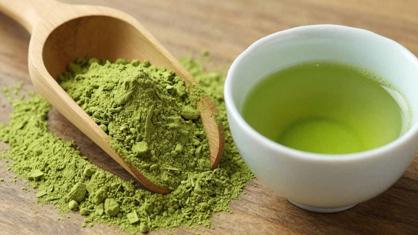 Vibrant green matcha powder and frothy matcha tea.
