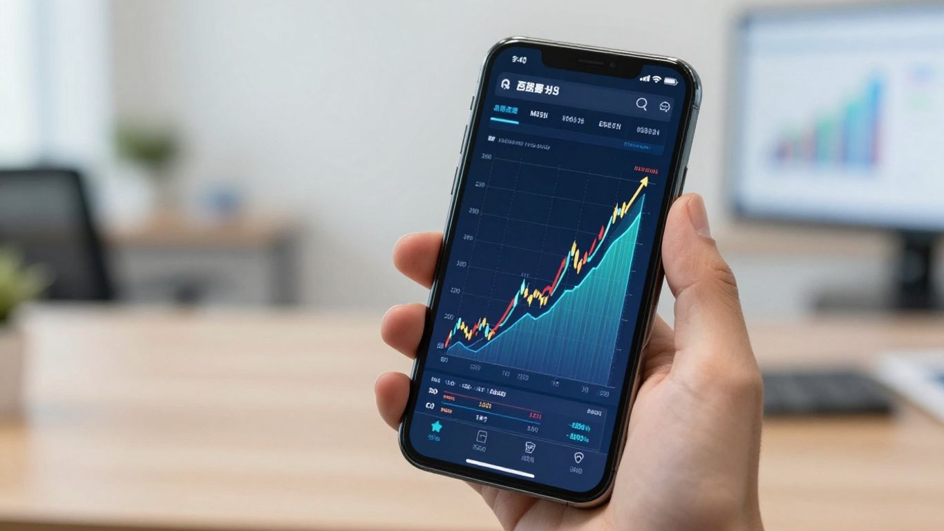 Hand holding smartphone with upward trending chart