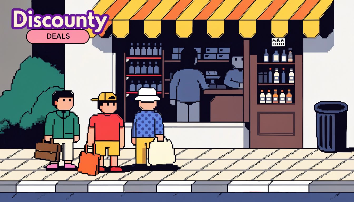 Arte de Discounty mostrando uma pequena loja de bairro, prateleiras organizadas e personagens em estilo pixel art