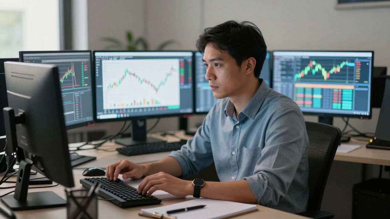 Trader reviewing futures funding pathway at desk