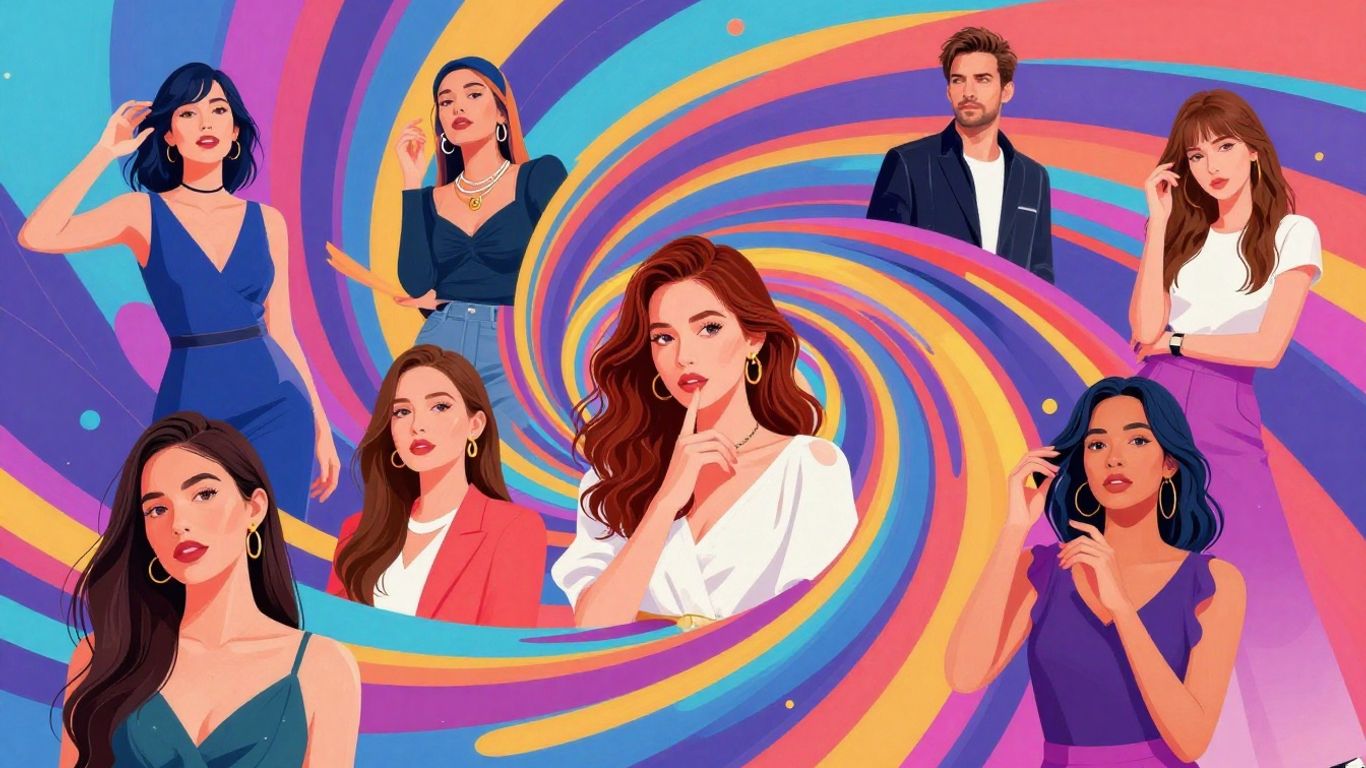 Trending celebrities in a vibrant, game-like illustration.