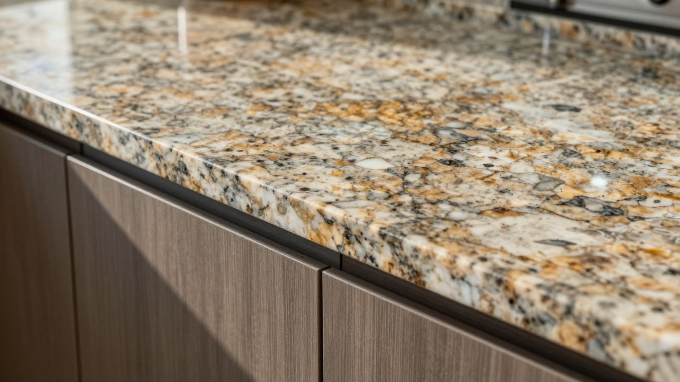 Polished granite kitchen countertop with natural veining.