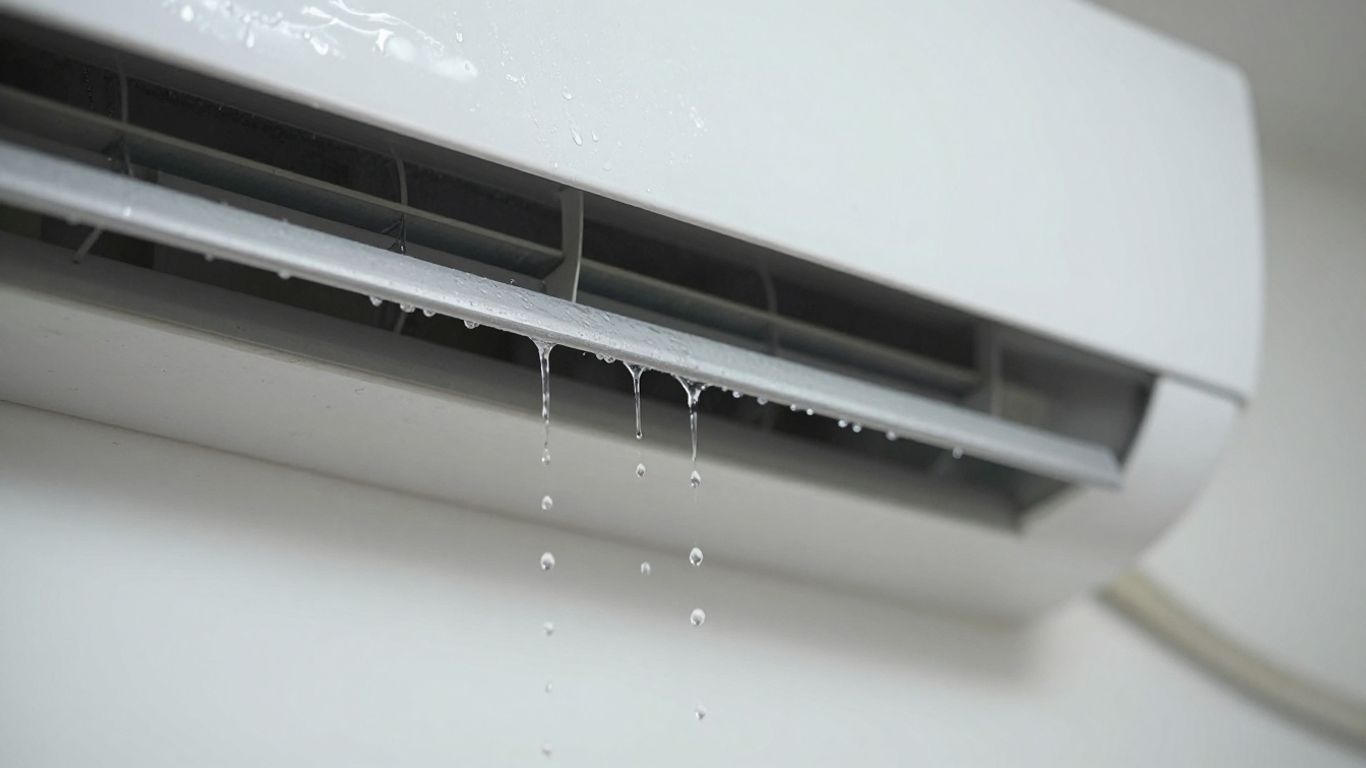 Gouttes d'eau tombant de l'unité extérieure d'une climatisation.