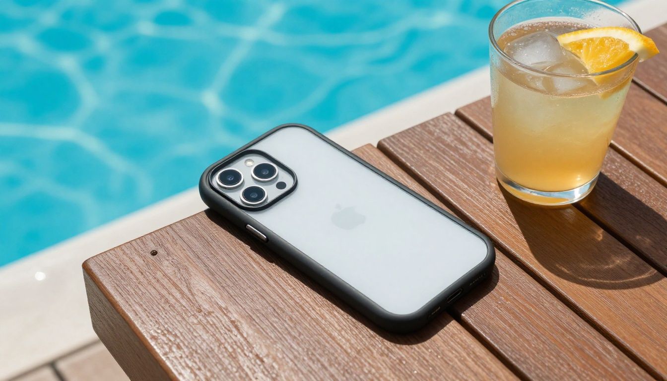 A person relaxing by a pool in Australia, their iPhone 17 Air in a waterproof case resting on a nearby table next to a drink.