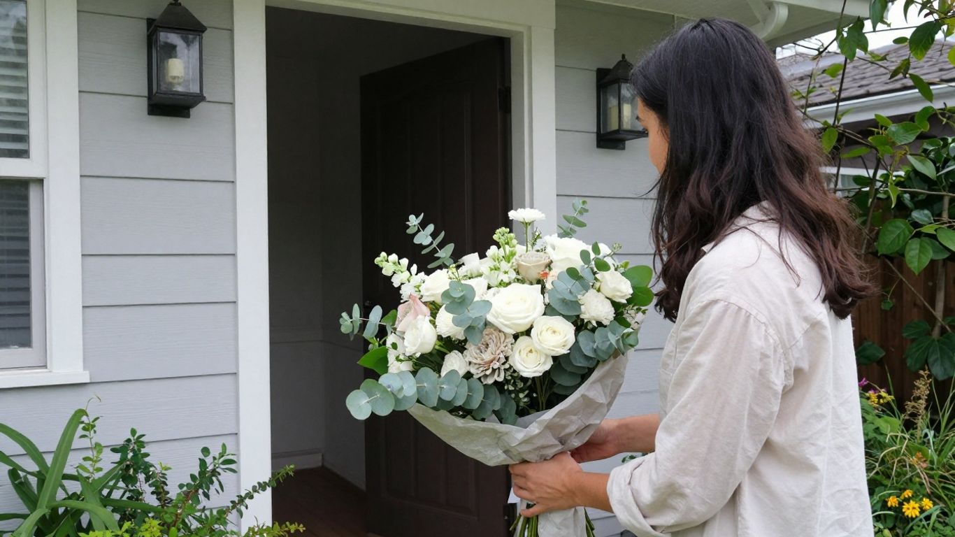 Florist preparing a sympathy bouquet for delivery