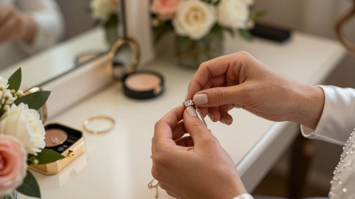 Bride fastening delicate bracelet before ceremony