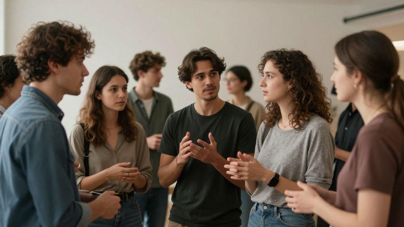 Oameni interacționând în contexte sociale, limbaj corporal.