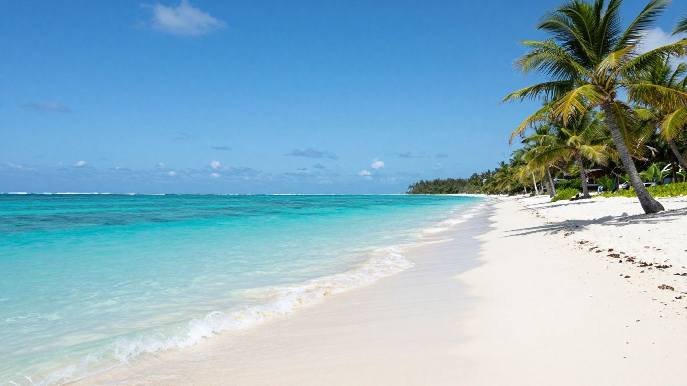 Sunny beach with palm trees and clear blue water.