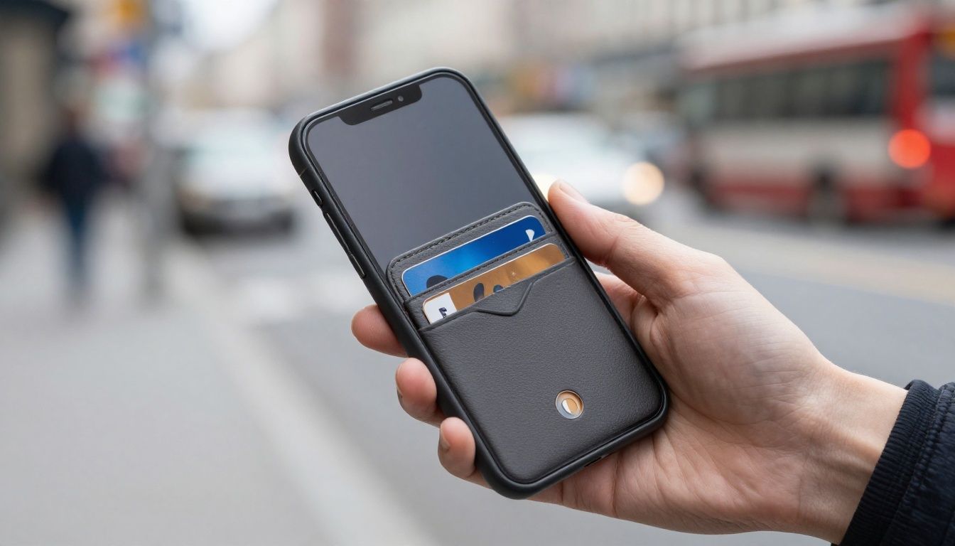A close-up shot of someone's hands holding an iPhone 17 Air in a stylish wallet case, showing the card slots and the phone screen with a blurred background of a city street.