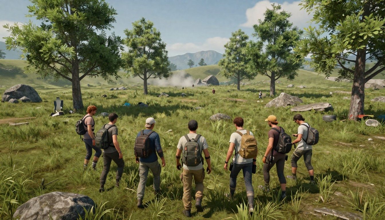 Equipe de jogadores avançando por uma área verde e montanhosa de PUBG Battlegrounds, usando árvores, pedras e fumaça para atravessar o terreno com segurança