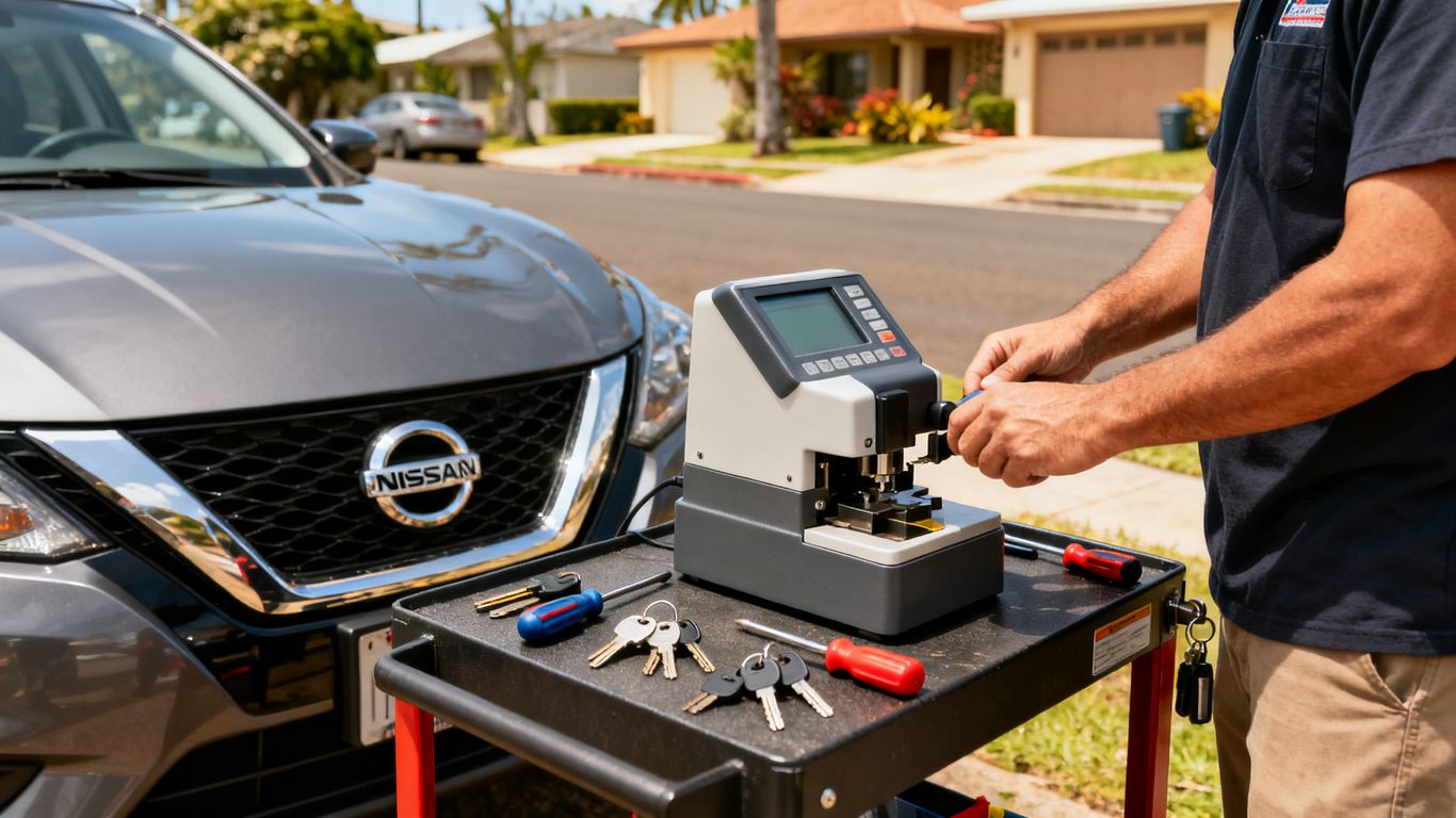 Mobile locksmith preparing a Nissan key beside a parked car