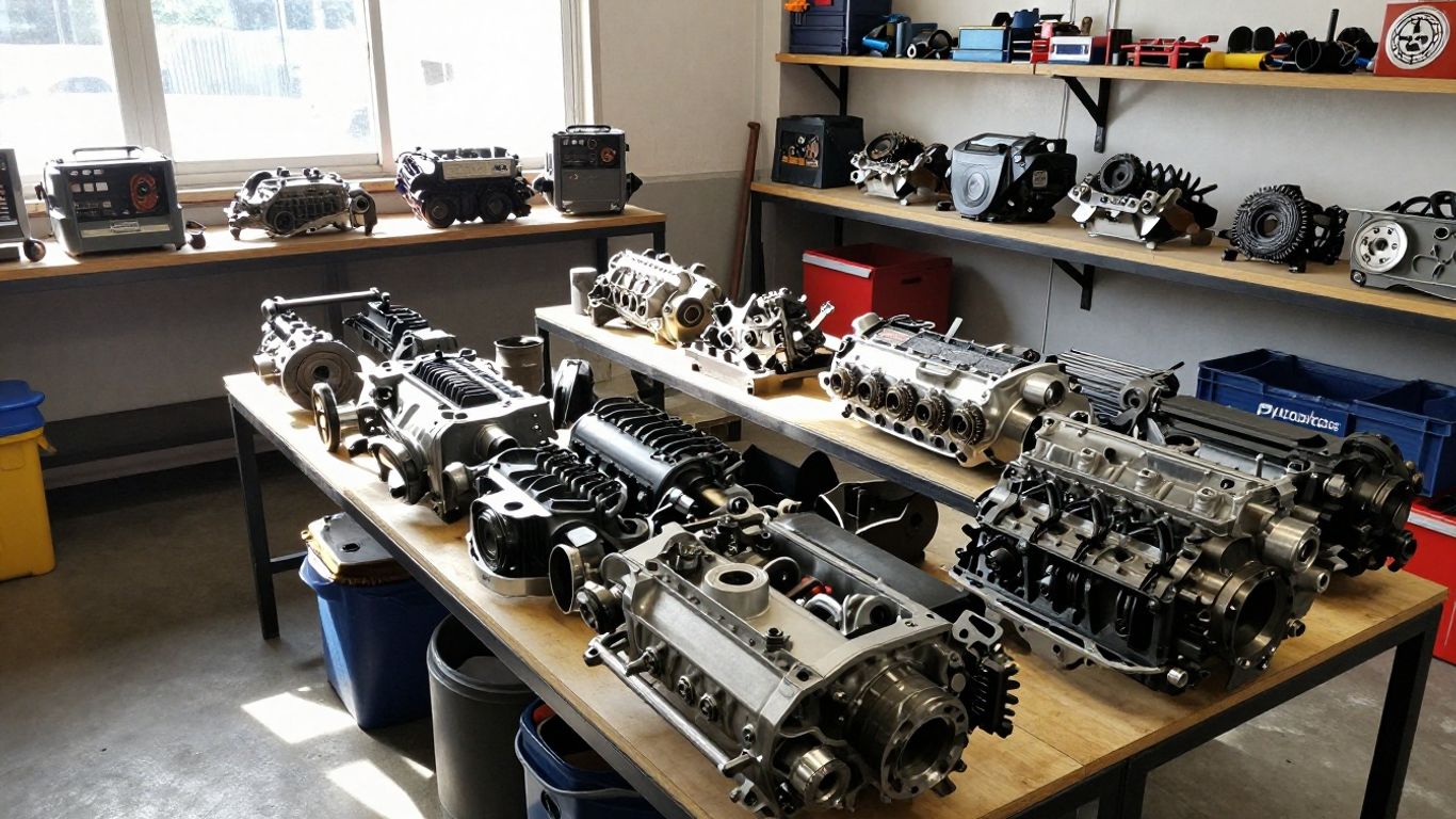 Used Kia engines and gearboxes in a workshop.