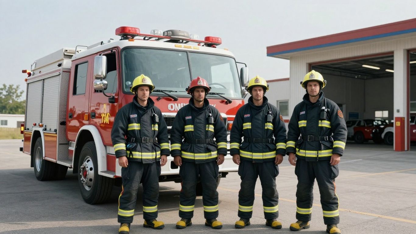 Firefighters and fire truck outside station.