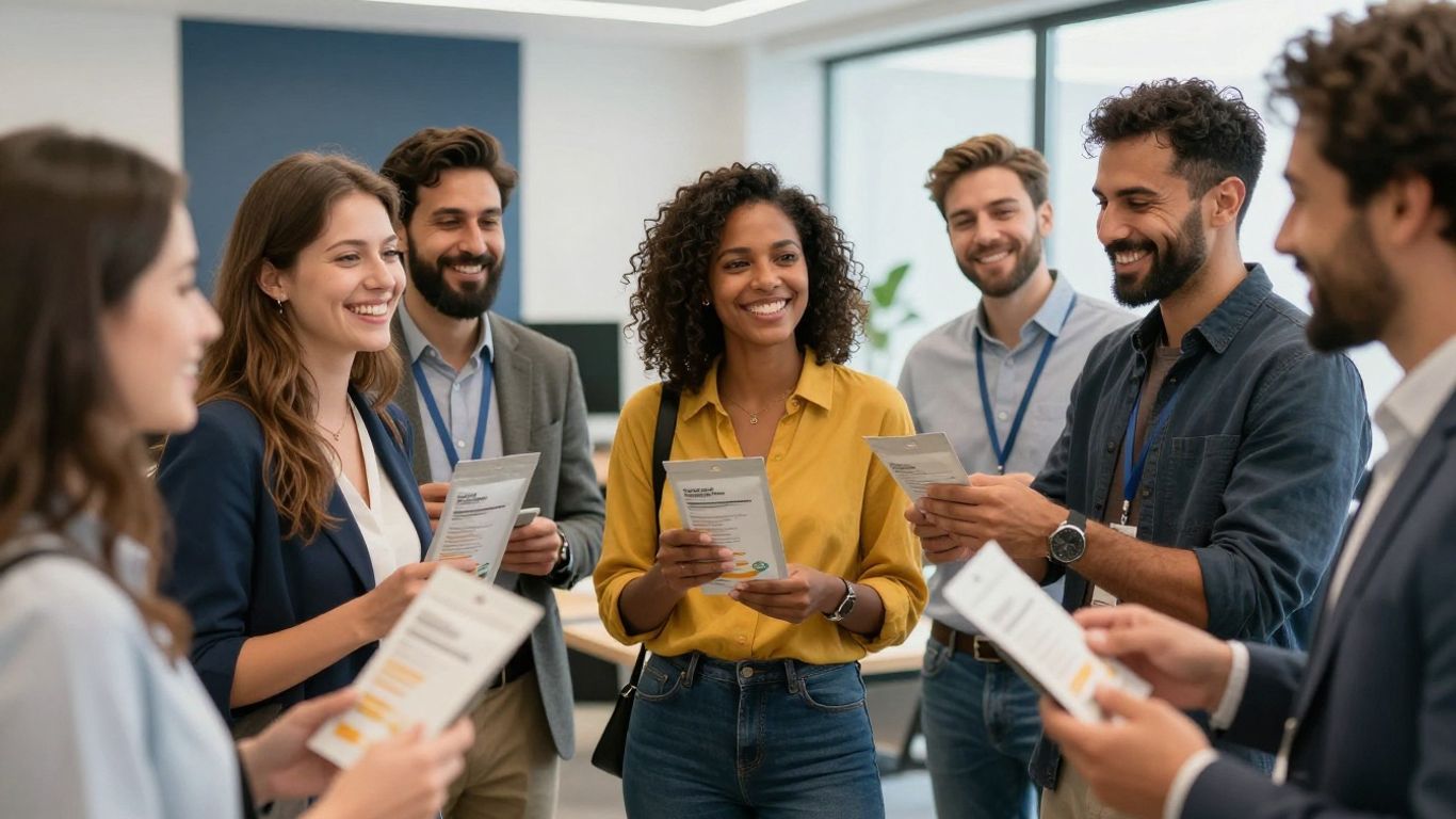 Personas sonriendo y sosteniendo productos de bHIP en una reunión.