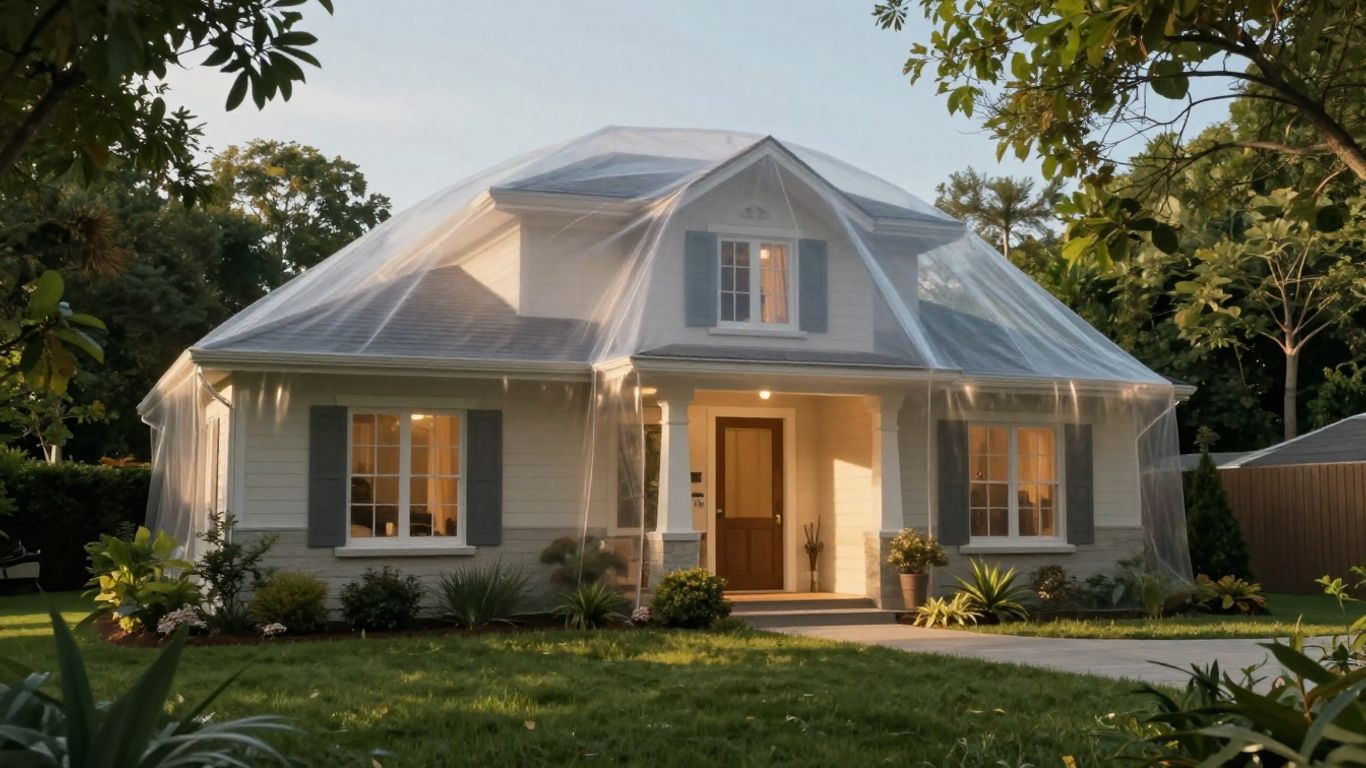 Casa protegida con escudo transparente, rodeada de naturaleza.