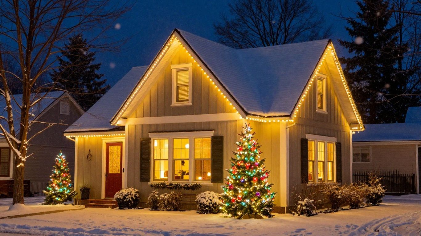 House with permanent Christmas lights glowing at night.