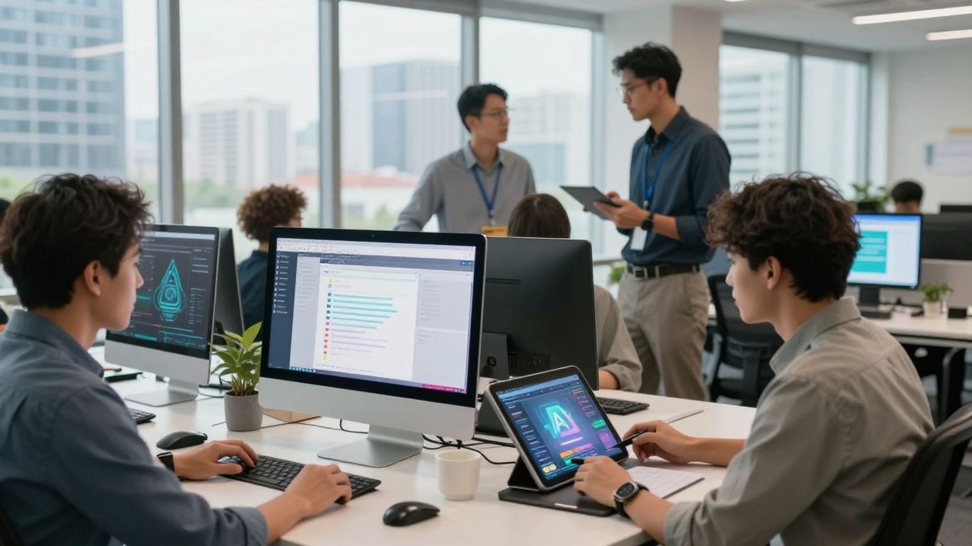 Team using AI-powered scheduling tool in bright office
