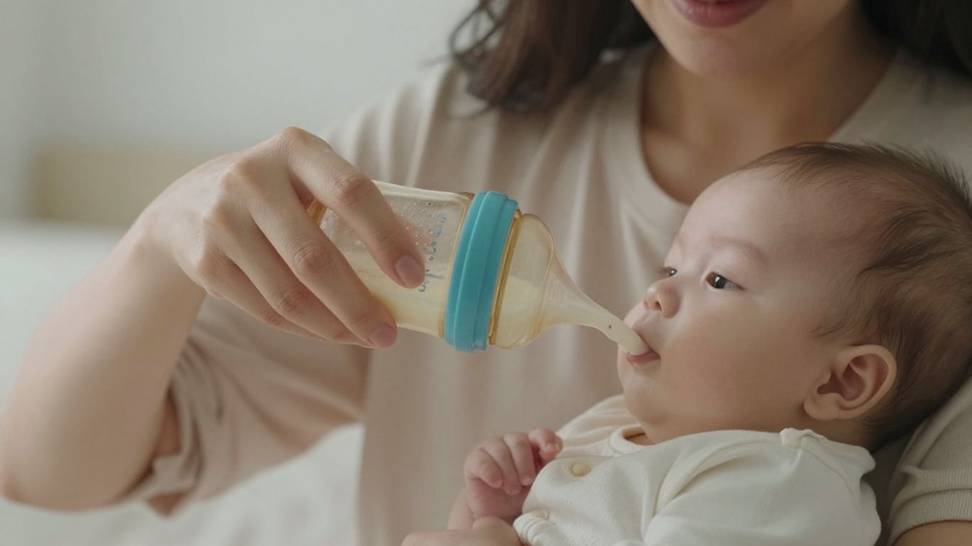 Madre alimentando a su bebé con leche de fórmula.