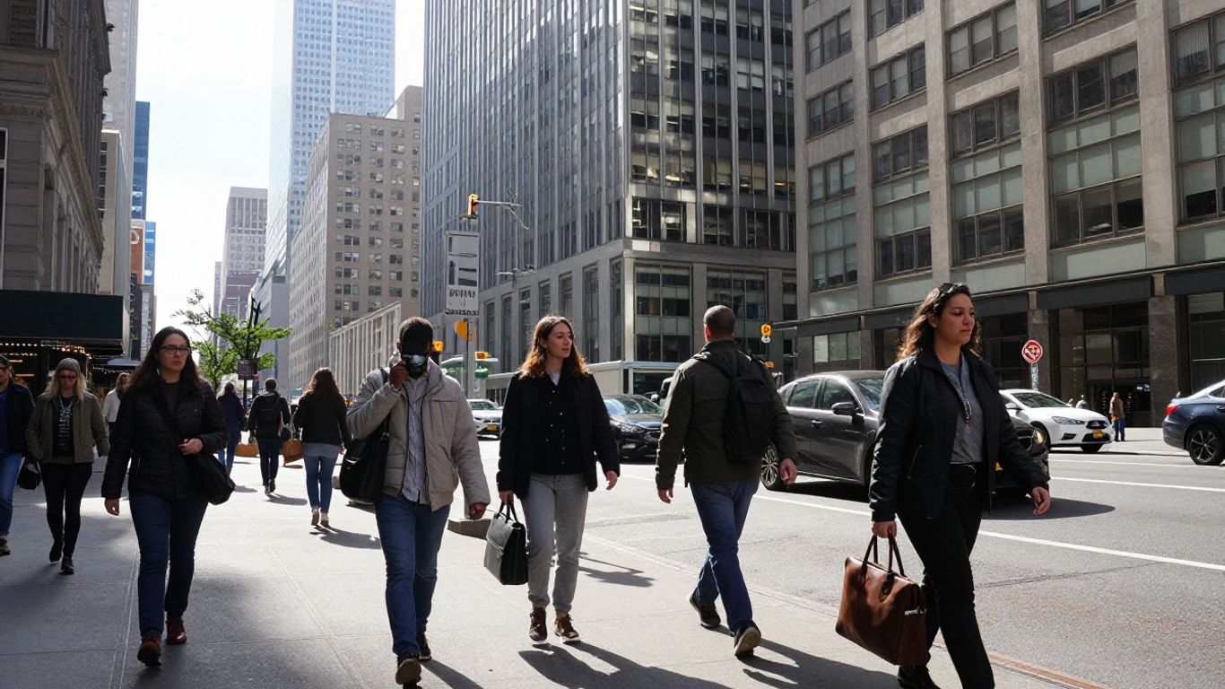 New York City skyline and street with people.