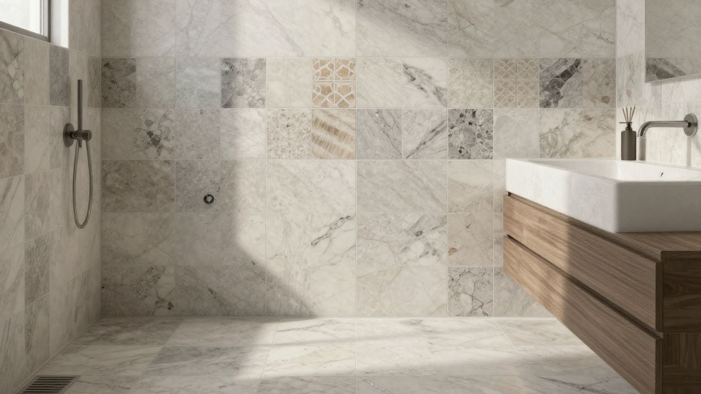 Sketch of a modern bathroom with quartz tiles.