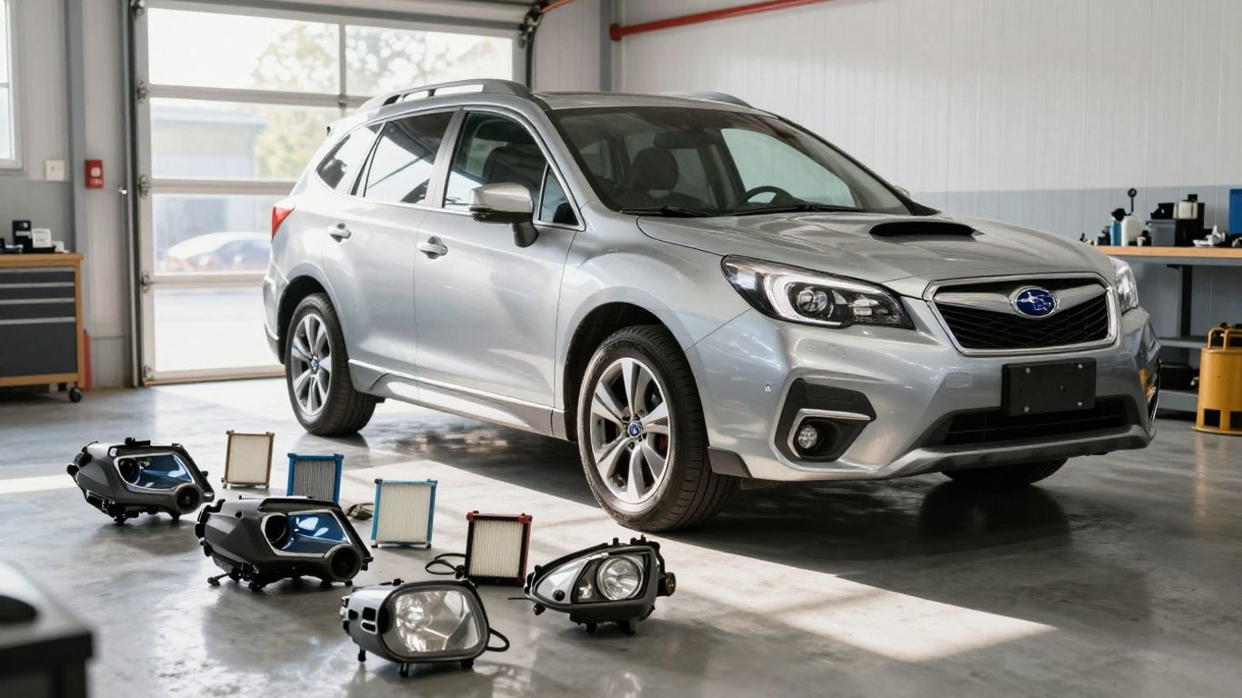 Subaru Forester parts in a garage