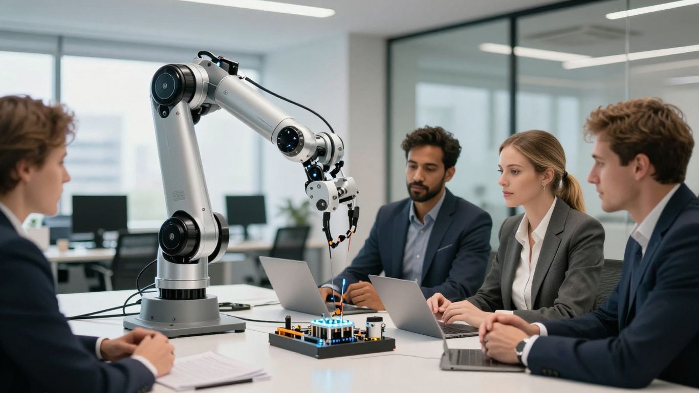 Robot arm versus people in Australian business setting.