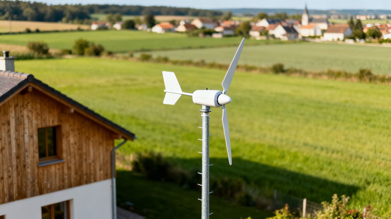 Domestic wind turbine in a French rural landscape